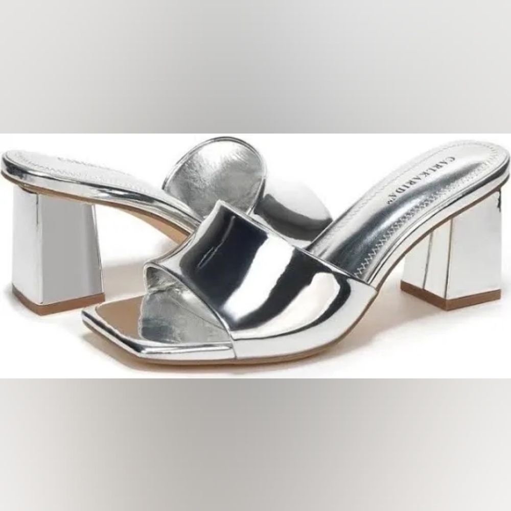 Carlkarida Women's Square Open Toe Heeled Sandals, Silver, 7, 7.5